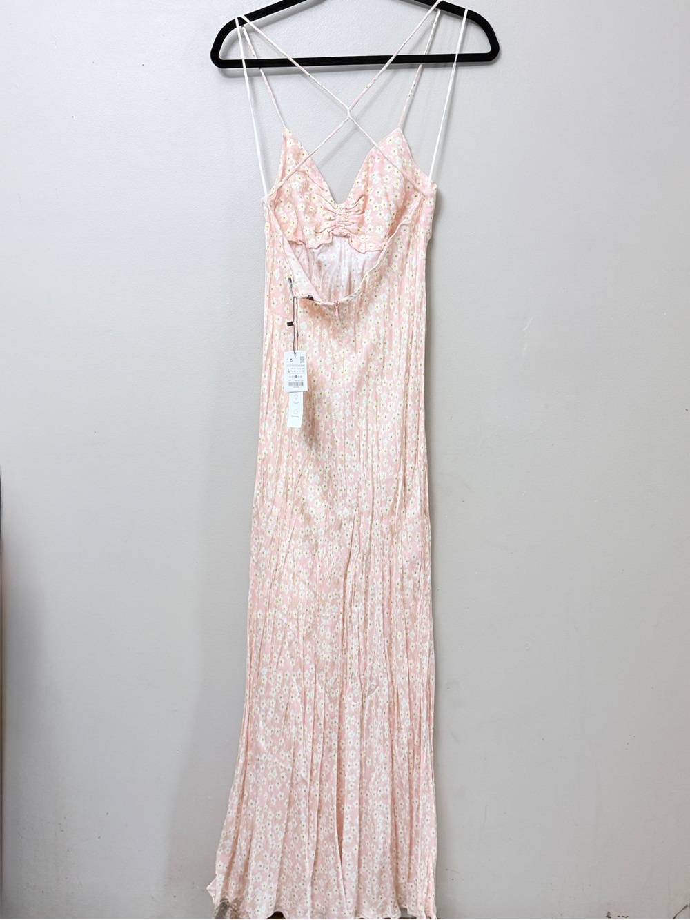 Zara Pink Daisy Floral Slip Maxi Dress Ruched Tie Front Satin size L - Picture 5 of 7